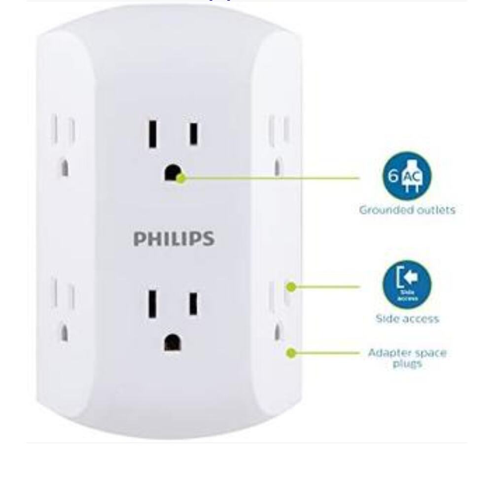 PHILIPS WALL ADAPTER EXTENDER FOR 6 GROUNDED AC OUTLETS WHITE 2-PACK NEW